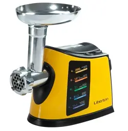 М'ясорубка Liberton LMG-28BST, Yellow, 2800W, продуктивність 1.9 кг/хв, 3 диски з отворами 3/5/7мм, барабани для терки та шатківниці, насадка для томатів/ковбасок/кеббе, реверс