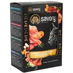 Уцінка. Набір вологих кормів Savory 3+1 для стерилізованих котів, індичка з морквою в желе 340 г (4 шт. х 85 г) 