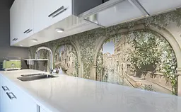 Вініловий кухонний фартух Вантажні Арки наклейка для кухні ПВХ Місто Бежевий 60х200 см Happy Pocket Z181685 - мініатюра 6