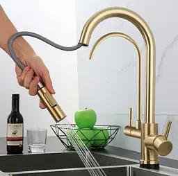 Змішувач для кухні на дві води Rea Eco Fresh із висувним виливом brushed gold REA-B7596 - мініатюра 2