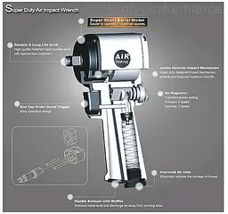 Гайковерт для шиномонтажу пневматичний 1/2" 678 Nm 9500об/хв супер-короткий Toptul hoz0009526 - мініатюра 3