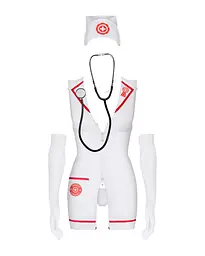 Еротичний костюм медсестри Obsessive Emergency dress S/M, white, сукня, стринги, рукавички, чепчик, стетоскоп - мініатюра 2