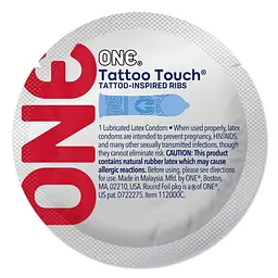 Набір презервативів ONE Tattoo Touch, 100 шт, з рельєфом у вигляді тату, 3 різновиди, паковання-тубус - мініатюра 3