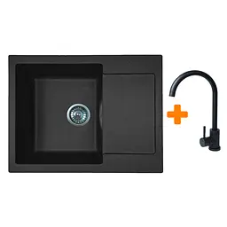 Adamant Набір кухонний Minimal, штучний камінь, прямокутний, з крилом, 615х495х200мм, чаша - 1, врізна, чорний + змішувач