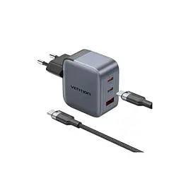 Зарядний пристрій Vention 2xUSB-C PD 70 Вт + 1xUSB QC 3.0 22.5 Вт GaN + кабель USB-C — USB-C 1.0 м чорно-сірий (TZ-FEXH0-EU) - мініатюра 3
