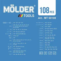 Набір інструментів для авто та дому професійний в кейсі MOLDER 108 предмета 1\2 та 1\4 Оригінал (MT60108) - мініатюра 9
