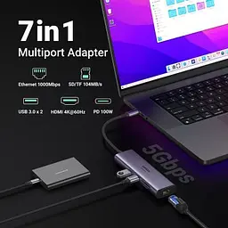 Концентратор Ugreen USB3.1 Type-C to HDMI/USB 3.0x2/RJ45/SD/TF/PD 100W CM512 (60515) - мініатюра 4