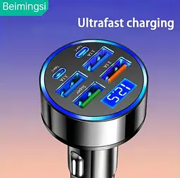 Автомобільний зарядний пристрій USB-C з дисплеєм напруги, 4 USB і 2 PD-порти, QC3.0, Super Fast заряджання - мініатюра 6