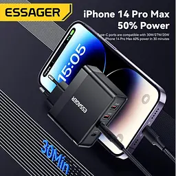 Потужний Зарядний Пристрій 100W з Кабелем Essager GaN2 Pro QC PD 20V 5A Зарядка 100 Вт Блок живлення Type c Зарядка 100W - мініатюра 9