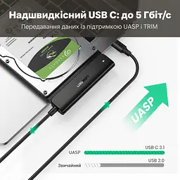 Кабель-адаптер для накопичувачів UGREEN CM321 0,5 м USB-C 3.1 Gen 1 до SATA 3.0 7+15 pin лише для HDD та SSD 2,5″ передавання до 5 Гбіт/с без додаткового живлення з UASP з TRIM з діагностикою S.M.A.R.T. з автоматичним режимом сну для Windows macOS Linux та Chrome OS без встановлення драйверів чорний (70610) - мініатюра 3