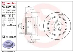 Диск тормозной задний невентилированный Subaru Outback III, Legacy IV 03-15г Brembo ( 08.A605.11 )