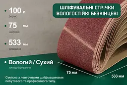 Стрічка шліфувальна нескінченна Alloid Building Tools зерно 100 75х533 мм 10 шт. (SB-533100) - мініатюра 5