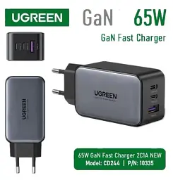 Зарядний пристрій Ugreen CD244 USB-A + 2 x USB-C 65 Вт GaN Tech Fast Charger сірий - мініатюра 3