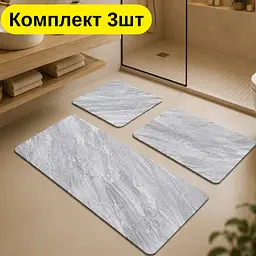 Комплект килимків для ванної кімнати 3 шт — прямокутні 40×60 см, 40×80 см і 50×55 см сірий мармур KT9000162 - мініатюра 2