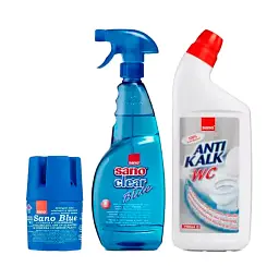 Набір Sano Бачок для миття унітазу Blue Flash, Засіб для чищення унітазів Anti Kalk WC, Універсальний засіб Clear для стекол та поверхонь (287607, 287621, 425646)