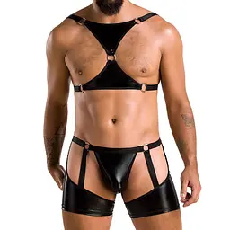 Комплект еротичної чоловічої білизни Passion 047 SET JOHN L/XL Black, труси, портупея - мініатюра 1