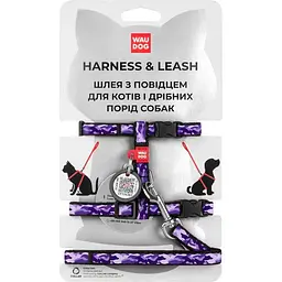 Шлея з повідцем для котів Waudog Nylon Фіолетовий камо, з QR паспортом, XS, 25-40х20-30х1/122 см, фіолетовий (5493)