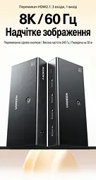 HDMI-перемикач UGREEN CM624 HDMI 2.1 3 входи 1 вихід 8K 60 Гц 4K 240 Гц 2K 240 Гц 1080p 240 Гц (95047) - мініатюра 12