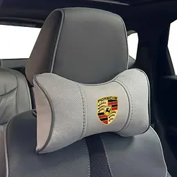 Подушка на підголівник з логотипом Porsche Екошкіра 3D Кольоровий лого Сірі-Сірий кант 1 шт