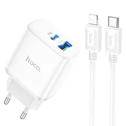 Мережевий адаптер живлення Hoco C105A 20W Type-C та USB зі швидкою зарядкою та кабелем Type-C to Type-C білий - мініатюра 2