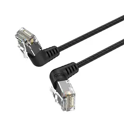 Патч-корд Ethernet Vention 0,5 м LAN-кабель Cat6A UTP штекери RJ45 8P8C на обох кінцях до 10 Гбіт/с за умови підтримки цієї швидкості мережевими портами обох пристроїв штекер під кутом 90° з поворотом на 360° зовнішній діаметр 2,8 мм чорний (IBOBD)