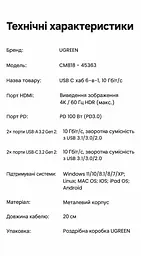 USB-C хаб UGREEN Revodok Pro CM818 6 в 1 HDMI до 4K 60 Гц 2 USB-A та 2 USB-C для даних USB 3.2 Gen 2 до 10 Гбіт/с вхід USB-C PD 3.0 до 100 Вт наскрізне заряджання ноутбука до 85 Вт HDMI потребує USB-C з відеовиходом заряджання потребує приймання живлення USB-C для 85 Вт потрібні зарядний пристрій PD 100 Вт і кабель Windows macOS Linux без драйверів Steam Deck ROG Ally індикатор алюмінієвий корпус вбудований кабель 20 см космічний сірий (45363) - мініатюра 4