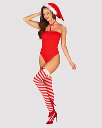 Тедді Obsessive Kissmas teddy, L/XL, червоне, без бретелей, чокер, панчохи та шапка з помпоном у наборі - мініатюра 1