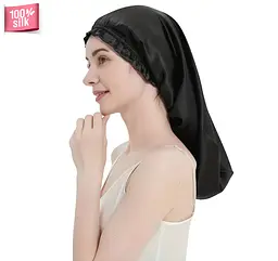 Шовкова шапочка для сну MaryuPHair на резинці з 100% натурального шовку для захисту волосся (чорний)