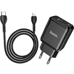 Мережевий зарядний пристрій Hoco 1USB + Type-C N5 PD20W+QC3.0 3A Black + Cable Type-C to Lightning