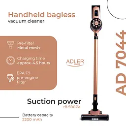 Пилосос Adler AD 7044 бездротовий 250 Вт 12 000 Pa 0.8 л LED TURBO настінне кріплення - мініатюра 8
