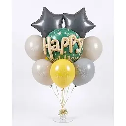 Набір надувних фольгованих кульок Happy Birthday з сірими зірками яскраві декоративні для свят 6 шт Різні кольори
