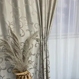 Жакардові штори "вензель" бежевого кольору 2шт. 150х270 з білим шифоновим тюлем 400х270, на тасьмі ALBO pbe0052764 - мініатюра 5