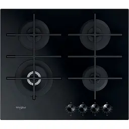 Whirlpool Варильна поверхня газова на склі, 60см, чугун, конфорка з підвійним рядом полум'я, чорний