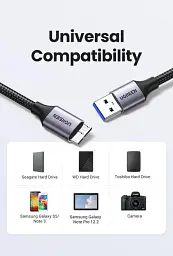 Кабель Ugreen 1м USB 3.0 - Micro USB Type-B 5 Гбіт/с 5V/3A USB 3.0 A на Micro-B для жорских дисків чорний (80793) - мініатюра 10