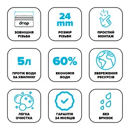 Водозберігаючий аератор Drop PM05T-24 для змішувача - Економія 58%, 5 л/хв, зовнішня М 24 мм - мініатюра 8