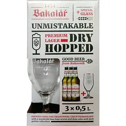 Подарунковий набір пива Bakalar Dry Hopped Lager світле фільтроване 5.2% 0.5 л х 3 шт + 1 келих 0.33 л - мініатюра 2