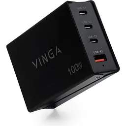 Зарядний пристрій Vinga GaN 100 Вт, PD + QC, дротовий, кабель 1.2 м, порти: 3xUSB-C + 1xUSB-A (VCPCH100CB) - мініатюра 3