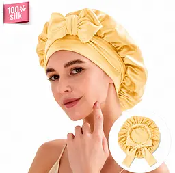 Двошарова шовкова жіноча шапка для сну великого розміру MaryuPHair 100% шовк мульбері з регульованою гумкою та бантом (жовтий)