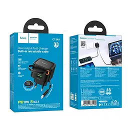 МЗП Hoco C154A Changer PD20W+QC3.0 charger with telescopic cable(EU) Black - мініатюра 2