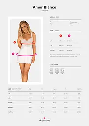 Сорочка Obsessive Amor Blanco underwire chemise & thong,L/XL, біла, мереживний ліф, стрінги в наборі - мініатюра 5