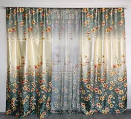 Атласні штори з квітами бірюзового кольору 150х270 з тюлистом батистовим 400х270 на тасьме ALBO pbe0052699