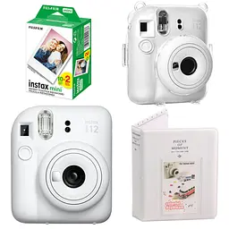 Набор камера Fujifilm Instax Mini 12, Фотобумага 20шт, Прозрачный чехол, Фотоальбом 64 фото Белый