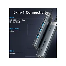 Концентратор Vention USB-C 5-in-1 3xUSB 3.0 + HDMI 4K60Hz + USB-C PD100W gray (TGMHB) - мініатюра 4