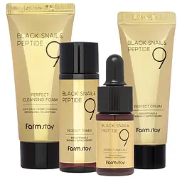 Антивіковий набір з муцином чорного равлика та 9 пептидами Black Snail and Peptide9 Perfect 4 Step Mini Kit Edition FarmStay - мініатюра 2