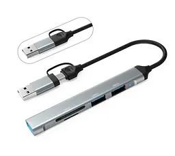 Хаб Dynamode USB Type-C/Type-A to 1х USB3.0, 2x USB 2.0, кардрідер SD/MicroSD, метал, темно-сірий