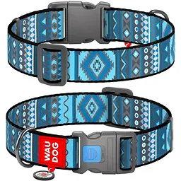 Нашийник для собак Waudog Nylon з QR паспортом, Етно синій, пластиковий фастекс, XXL, 46-70х3,5 см