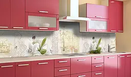 Вініловий кухонний фартух Білі Лілії наклейка для кухні ПВХ квіти Архітектура Бежевий Happy Pocket Z181491