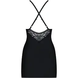 Сатиновий комплект для сну з мереживом Obsessive 828-CHE-1 chemise & Thong S/M, чорний - мініатюра 2