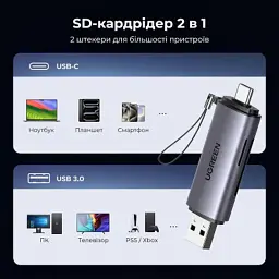 Зчитувач флеш-карт Ugreen USB-C + USB to TF/SD 3.0 CM185 gray (50706) - мініатюра 4