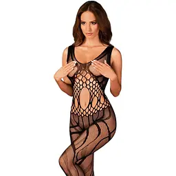 Сітчастий бодістокінг з вирізами та малюнком Obsessive Bodystocking G328 чорний комбінезон S/M/L